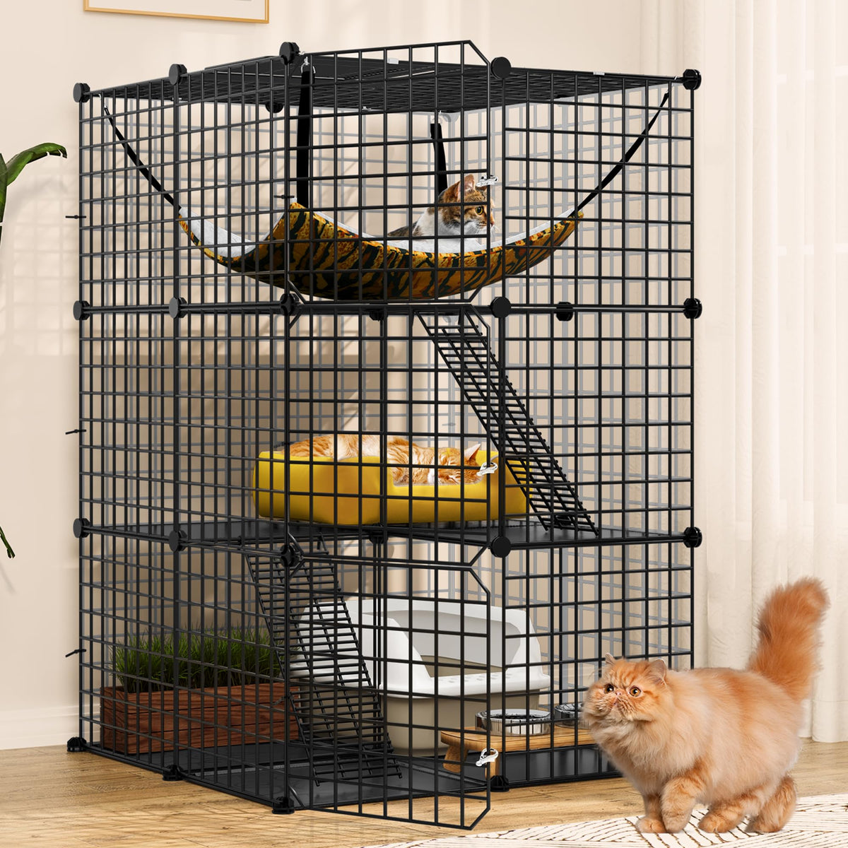 YITAHOME Cat Cage Indoor Catio DIY Cat Enclosures Metal Cat Playpen 3-Tiers Kennels Pet Crate with Extra Large Hammock for 1-2 Cats Rabbit