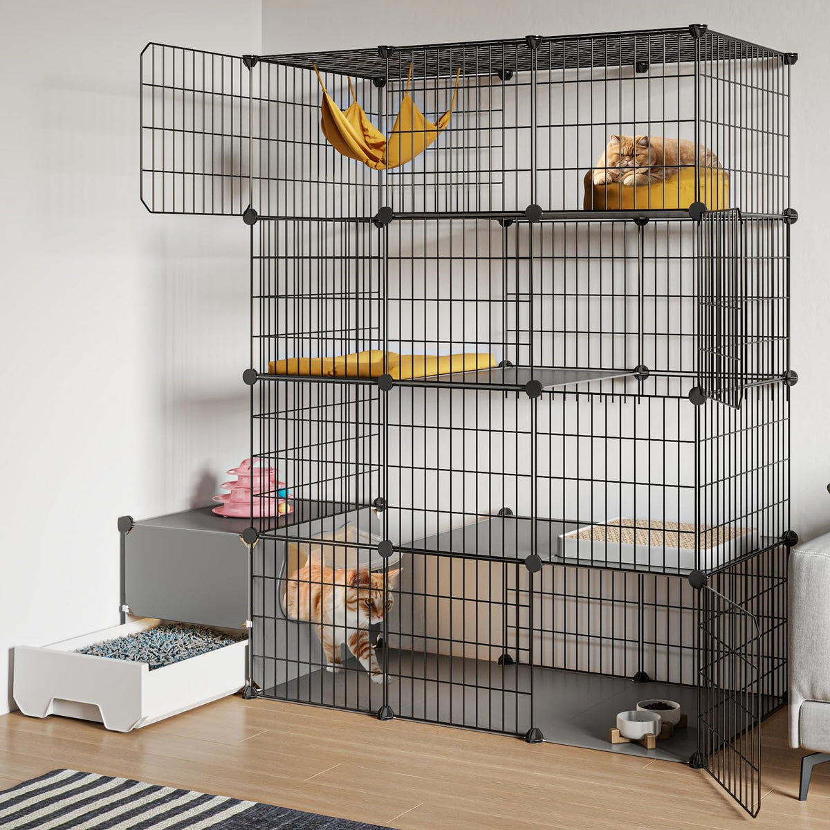 Oneluck Cat Cage with Litter Box4-Tier DIY Cat Enclosures Large Playpen Detachable Metal Wire Kennel Indoor Crate Large Exercise Place Ideal for 1-2 Cat